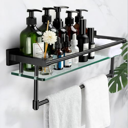 20-inch Glass Shelf with Towel bar, Matte Black-Finished Rail, Rectangular Stainless Steel Shelf, wall-Mounted Storage Rack - color: Matte Black, size: 20-inch with Railing