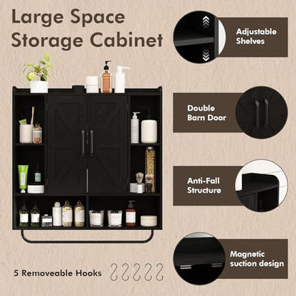 RUSTOWN Rustic Bathroom Wall Storage Cabinet with 2 Barn Doors, Black | Farmhouse Medicine Cabinet, Wall Mounted, Space Saving, 3-Tier Adjustable Shelves, Towel Bar, 5 Hooks