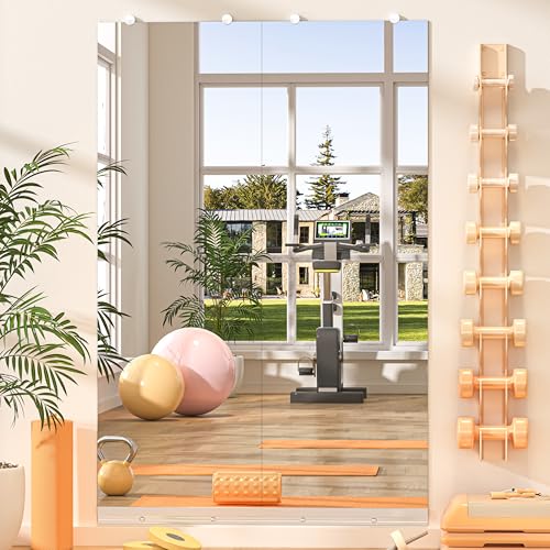 Hasipu Home Gym Mirror, 55"x17" Each, 2-Pack Frameless Wall Mounted Mirrors with Glass Clamps & 1 Aluminum Rail, Large Body Mirror for Home Gym, Yoga Studio, Bedroom, Silver Tempered Glass - size: 55"x17" - 2PCS