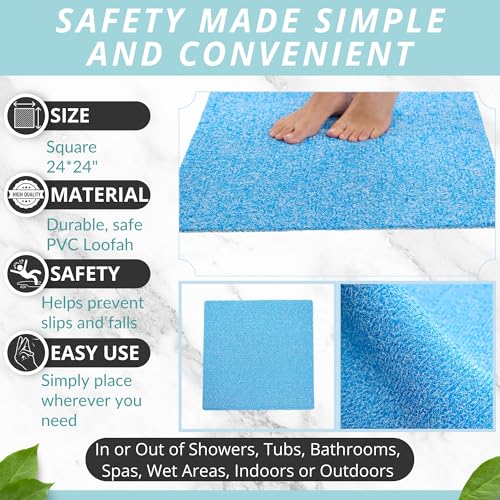 Enkosi Loofah Shower Mat Non Slip – Square Anti Slip Bath Mat for Inside Showers, Bathtub, Tub, Bathroom - Cushioned, Quick Dry PVC with Drain Holes - Secure Grip Safety Pad (Aqua Blue 24x24) - color: Aqua Blue, size: 24" x 24" (Square)