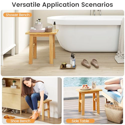 Giantex Solid Teak Shower Bench Stool for Bathroom, Fully Assembled Wooden Bath Seat with Water-Resistant Finish, 264 lbs Capacity, Spa Shaving Bench for Indoor Outdoor Use, 18''L x 12''W x 18''H