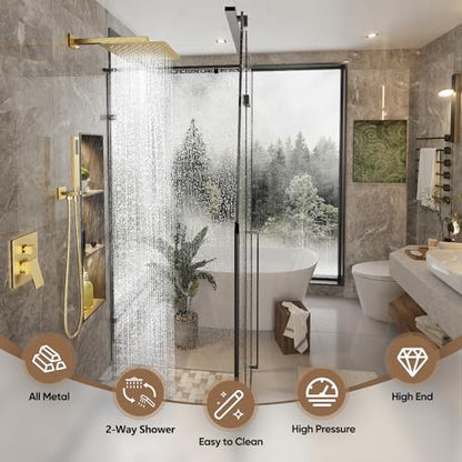 Gabrylly Rain Shower Head with Handheld Spray Combo, 10", Brushed Gold | All Metal Shower System, High Pressure Rainfall Shower Faucet Set, Solid Brass Shower Valve Complete Shower Set for Bathroom - color: Brushed Gold, size: 10 Inch