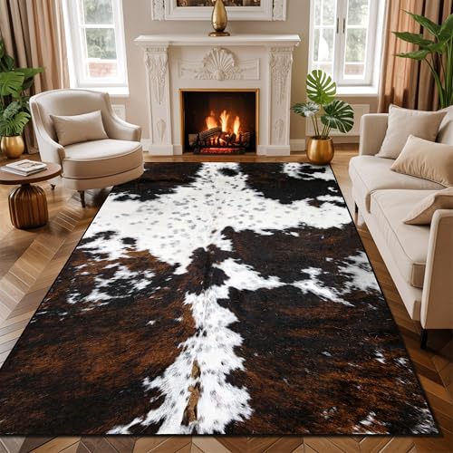 Western Area Rug 5x7 ft for Living Room Large Cow Print Non Slip Washable Rugs Ultra-Soft Low Pile Indoor Floor Mat Carpet for Bedrooms Playroom Office Kitchen - size: 5' x 7' (Rectangular)