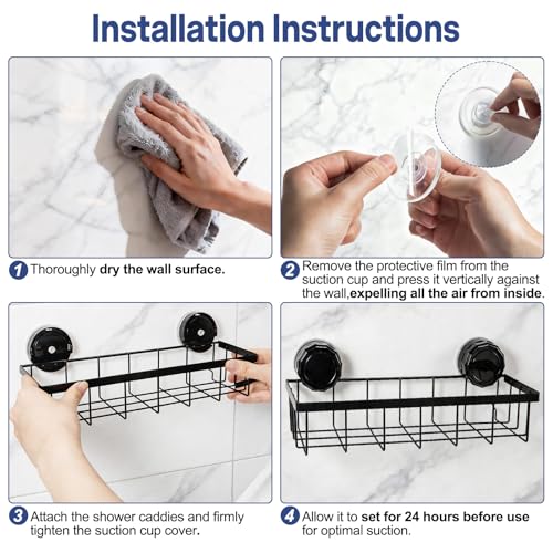Shower Caddy Suction Cup Adhesive with Hooks, Heavy Duty Shower Shelves Storage Organizer for Bathroom, No Drilling Bathroom Shelf with Large Capacity, Black Metal Storage Basket