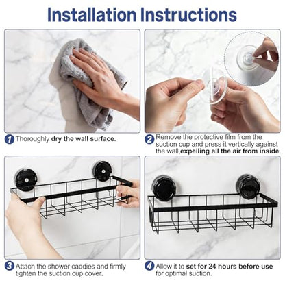 Shower Caddy Suction Cup Adhesive with Hooks, Heavy Duty Shower Shelves Storage Organizer for Bathroom, No Drilling Bathroom Shelf with Large Capacity, Black Metal Storage Basket