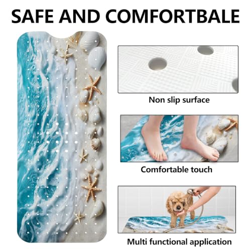 LNOND Summer Beach Bathtub Mat Non Slip, 40 X 16 Inch Tub Mat for Bathroom, Blue Waves Bath Tub Shower Mat with Drain Holes and Suction Cups - color: Blue Waves Bathtub Mat