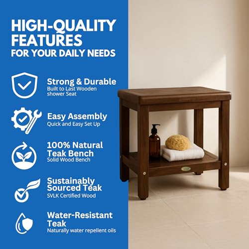 DecoTeak Eleganto 18" Teak Shower Bench with Shelf, Waterproof Stool | Shower bench with adjustable feet and non-slip rubber pads provides stable support on wet or uneven shower floors - size: 18" Length x 14" Width x 18" Height