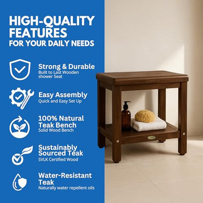 DecoTeak Eleganto 18" Teak Shower Bench with Shelf, Waterproof Stool | Shower bench with adjustable feet and non-slip rubber pads provides stable support on wet or uneven shower floors - size: 18" Length x 14" Width x 18" Height