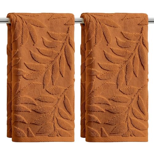 Artoid Mode 2 Pcs Caramel 3D Leaves Jacquard Hand Towels for Bathroom, 100% Cotton Soft Absorbent Bathroom Decor Towels, 13.7 x 29.5 Inch - color: Caramel, size: 13.7" x 29.5", 2PCS