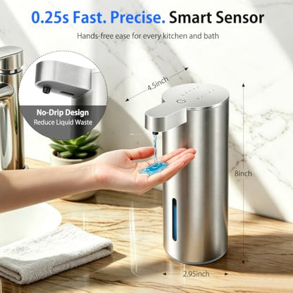 Touchless Automatic Liquid Soap Dispenser, Stainless Steel, Rechargeable | 4 Levels Adjustable, No Clog,13.5oz Capacity,IPX5 Waterproof, Wall Mount, For Hand & Dish Soap, Bathroom Kitchen Hotel Use - color: Stainless Steel