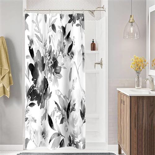 Small Stall Shower Curtain 36x72 Inch Half Narrow Watercolor Floral Decor | Black and White Modern Abstract Flower Fabric Bathroom Shower Curtain Set with Hooks - color: Black, size: 36"W x 72"L (Pack of 1)