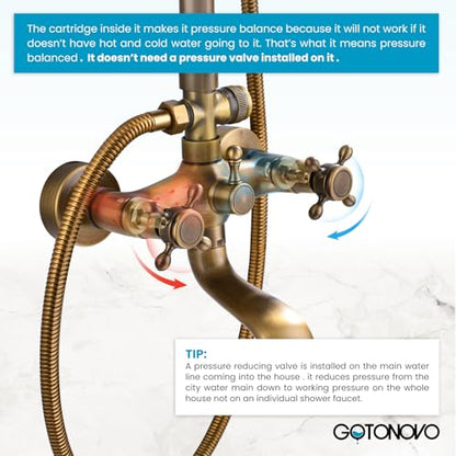 gotonovo Exposed Shower Faucet Set with Tub Spout Antique Brass | Brass Bathroom Shower System,8 Inch Rainfall Head with Handheld Spray and Tub Filler,Adjustable Height,6’’ Hole Distance - color: Antique Gold