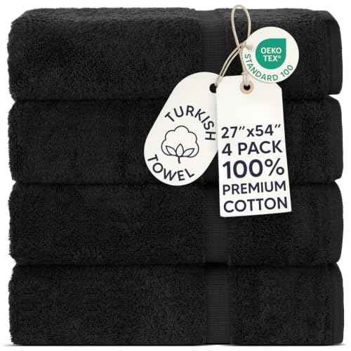 Chakir Turkish Linens 4 Piece Bath Towel Set, 100% Cotton Luxury Turkish Towels for Bathroom, Soft Absorbent Bath Towels, 27 x 54 Inches, Black - color: Black