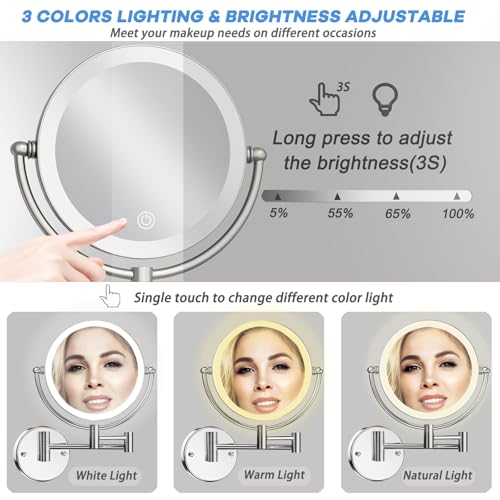 Magnifying Makeup Mirror Wall Mounted with Light, 1X/10X, Hardwired | Double Sided, Touch Switch 3 Color Lighting, Adjustable Brightness, Bathroom Extended Swing Arm Vanity Shaving, Brass Chrome - color: Chrome