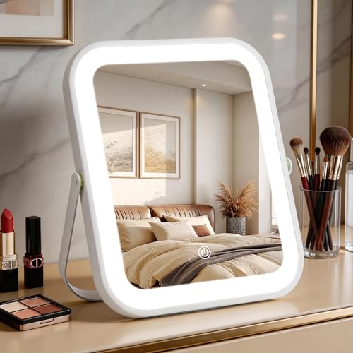 Rechargeable Vanity Mirror with Lights, 10"×8" Makeup Mirror with Lights, 1500mAH Battery, Smart Touch with 3-Color Lighting, Dimmable, HD Desk Mirror, Travel Essentials, Women Gift (White) - color: White, size: 10"L x 8"W