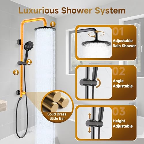 BRIGHT SHOWERS Shower System, 9 Inch Rain Shower Head with 5-Function Hand Shower, Dual Shower Combo with Height Adjustable Holder, Solid Brass Rail, 60 Inch Stainless Steel Hose, Oil-Rubbed Bronze - color: Oil Rubbed Bronze, size: 1.8 Gallon Per Minute