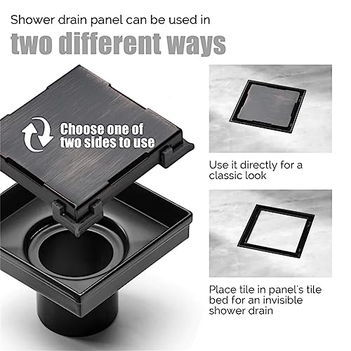 ELLO&ALLO 6 Inch Square Shower Drain Black Floor Drain with Flange Reversible 2-in-1 Cover Tile Insert Grate Removable SUS304 Stainless Steel Oil Rubbed Bronze - color: Oil Rubbed Bronze, size: 6 Inch Tile insert Cover