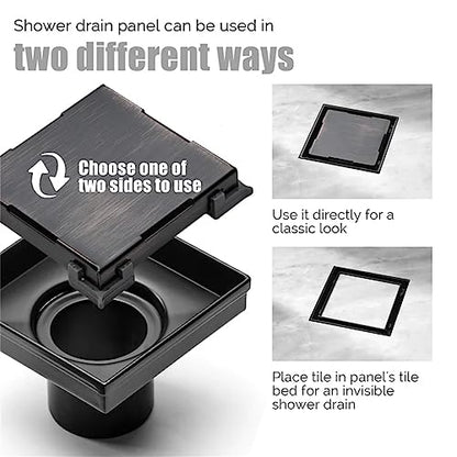 ELLO&ALLO 6 Inch Square Shower Drain Black Floor Drain with Flange Reversible 2-in-1 Cover Tile Insert Grate Removable SUS304 Stainless Steel Oil Rubbed Bronze - color: Oil Rubbed Bronze, size: 6 Inch Tile insert Cover
