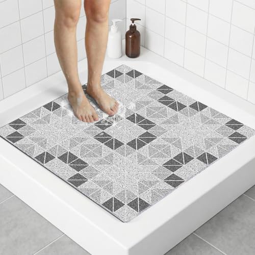 Square Non Slip Shower Mat, 27 x 27 Inch PVC Loofah Anti Slip Shower Floor Matt for Tub & Bathroom Floor, Loofah Shower Mats for Home, Poolside Entryway, Soft Textured & Elderly Safe, Gray Geometry - color: Gray Geometry, size: 27" x 27" (Square)