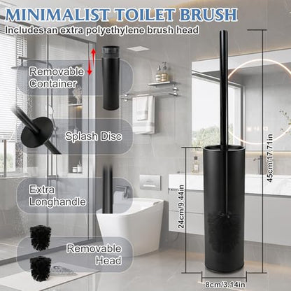 Stainless Steel Toilet Brush,Toilet Bowl Brush and Holder Set,Scratch Resistant Stainless Steel Toilet Brush with Long Handle,Toilet Cleaners with Replacement Head & Removable Inner Bowl,Space Saving - color: Black-set2