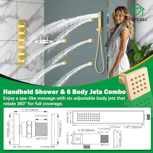 HOMEDEC 14x20inch and 6inch Shower System with Bathtub Spout, 5 Way Valve and 6 Body Jets, Rainfall Shower Head with Handheld Combo, Brushed Gold - color: Brushed Gold, style: 5-Way + 1x 6" Top + Spout