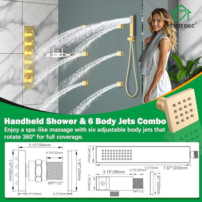 HOMEDEC 14x20inch and 6inch Shower System with Bathtub Spout, 5 Way Valve and 6 Body Jets, Rainfall Shower Head with Handheld Combo, Brushed Gold - color: Brushed Gold, style: 5-Way + 1x 6" Top + Spout
