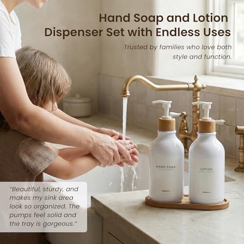 MaisoNovo Soap Dispenser Bathroom Set of 2-16.9 oz Bathroom Soap Dispenser Set - White Plastic Bottles x 2 with White Bamboo Pumps & Tray - color: White Bottles White Pumps