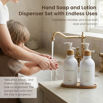 MaisoNovo Soap Dispenser Bathroom Set of 2-16.9 oz Bathroom Soap Dispenser Set - White Plastic Bottles x 2 with White Bamboo Pumps & Tray - color: White Bottles White Pumps