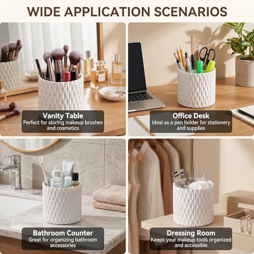 VASANA White Plastic Makeup Brush Holder Organizer 5 Slots 360 Rotating Makeup Brushes Container Round Spinning Cosmetic Storage Cup Desk Bathroom Vanity Beauty Tool for Lipsticks Eyebrow Pencils
