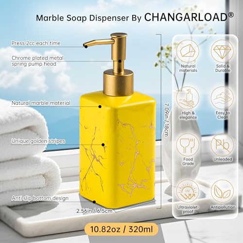 Gold Soap Dispenser for Bathroom Countertop, Square Yellow Dish Soap Dispenser Pump Bottle with Golden Stripes for Kitchen Sink Laundry Shower Lotion, Ceramic Hand Dispenser Pump for Soap Liquid - color: Yellow