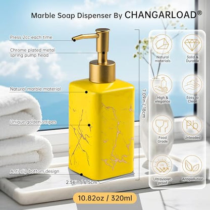 Gold Soap Dispenser for Bathroom Countertop, Square Yellow Dish Soap Dispenser Pump Bottle with Golden Stripes for Kitchen Sink Laundry Shower Lotion, Ceramic Hand Dispenser Pump for Soap Liquid - color: Yellow