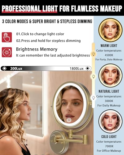 10" Lighted Wall Mounted Makeup Mirror Swing Arm with 5X Magnification | Rechargeable, 3-Color Touch Sensor Dimmable, Double-Sided Bathroom Makeup Magnifying Vanity Extendable, Brushed Antique Brass - color: Brushed Antique Brass