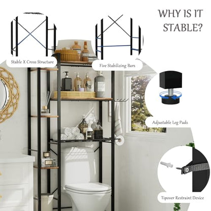 Over The Toilet Storage Cabinet, 3-Tier Bathroom Shelves Over Toilet, Easy Installation with Drain Basket, Side Rack, X Shape Side Guardrail, Freestanding Toilet Rack for Balcony, Laundry