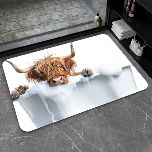 Bath Mat-Bathroom Rug，Bath, Highland Cattle-Absorbent Non Slip Quick Dry Stain Resistant Easy to Clean Care Shower Rug for Bathtub Shower Room 16×24Inch (40 * 60cm) - color: Bath, Highland Cattle-, size: 16 x 24 inches
