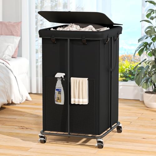 160L Laundry Hamper with Lid & Wheels, Rolling Laundry Basket with Bag | Sturdy Metal Frame | Laundry Bag with Handles| Large & Tall Clothes Hampers for Laundry Room, Bedroom, Dorm, Bathroom-Black - color: Black, size: 42GAL
