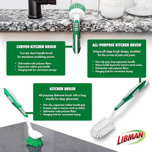 Libman Green & White Cleaning Brush Kit, 3-Piece Set, All-Purpose Brushes for Kitchen, Basins, Sinks, Dishwashers | All-purpose cleaning brush set for kitchen, basins, sinks, and dishwashers; 3-piece. - style: Kitchen Brush Kit