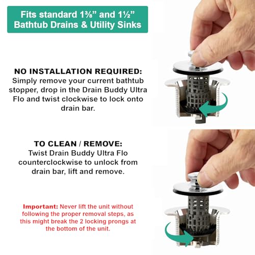 Drain Buddy Ultra Flo No Installation 2 in 1 Clog Preventing Tub Drain Stopper and Hair Catcher for 1 3/8" to 1.5" Bathtubs and Utility Sinks Chrome Metal Cap - color: Chrome