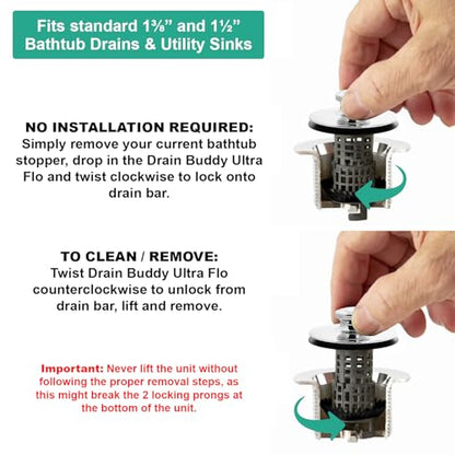 Drain Buddy Ultra Flo No Installation 2 in 1 Clog Preventing Tub Drain Stopper and Hair Catcher for 1 3/8" to 1.5" Bathtubs and Utility Sinks Chrome Metal Cap - color: Chrome