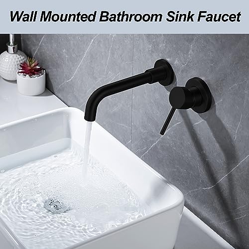 Wall Mounted Bathroom Faucet Single Handle Lavatory Sink Faucet Bathroom Vessel Sink Faucets with Single Lever 360 Swivel Basin Mixer Tap, Matte Black