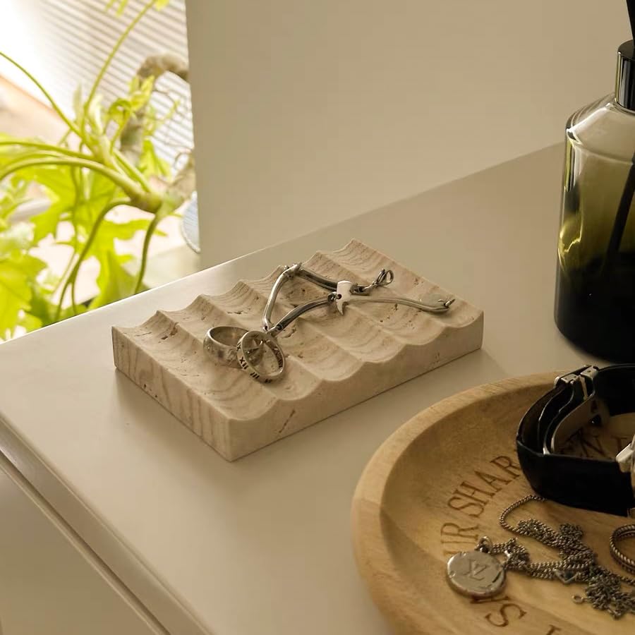 Luxury Travertine Soap Dish Marble Jewelry Ring Tray - Rectangle Marble Soap Tray & - Self Draining Soap Holder for Bathroom, Kitchen, Beige Travertine - color: Beige Travertine