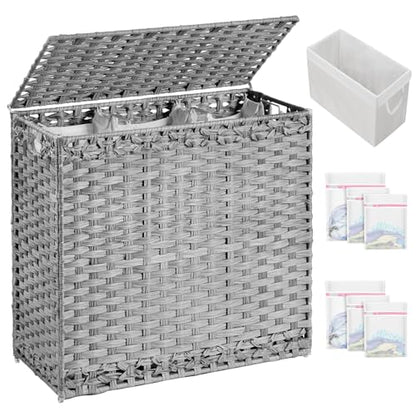 SETVSON Laundry Hamper with Lid Laundry Basket 132 L PE Rattan, Gray | 35 Gal PE Rattan Hamper with Lid, 4 Removable Washable Liners, 6 Mesh Laundry Bags, Steel Frame, Side Handles - color: Grey, size: 35.0 Gal