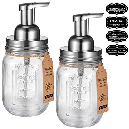 Amolliar Mason Jar Foaming Soap Dispenser Glass Soap(Brushed Nickel 2 Pack) | Refillable Hand Soap Dispenser for Kitchen, Foam Soap Dispenser Countertop, Farmhouse Decor, Shampoo, Bathroom Soap Dispenser - color: Brushed Nickel, size: 2 Pack