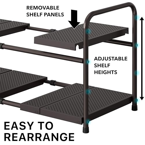 Simple Houseware Under Sink 2-Tier Heavy Duty Expandable Organizer, Bronze | Adjustable Width 15.75–25 Inches with 4 Shelf Height Levels - color: Bronze
