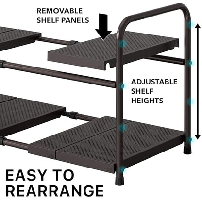 Simple Houseware Under Sink 2-Tier Heavy Duty Expandable Organizer, Bronze | Adjustable Width 15.75–25 Inches with 4 Shelf Height Levels - color: Bronze