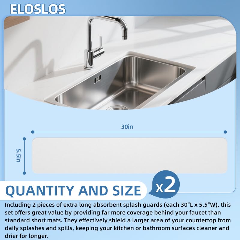2PCS 30″x5.5″ Customizable Sink Faucet Mat 2&3 Hole Kitchen Sinks, White | DIY Cut for Oval/Rectangle/Square Faucets, Extra Long Coverage, For Splashes & Drips - style: 2 Pcs White