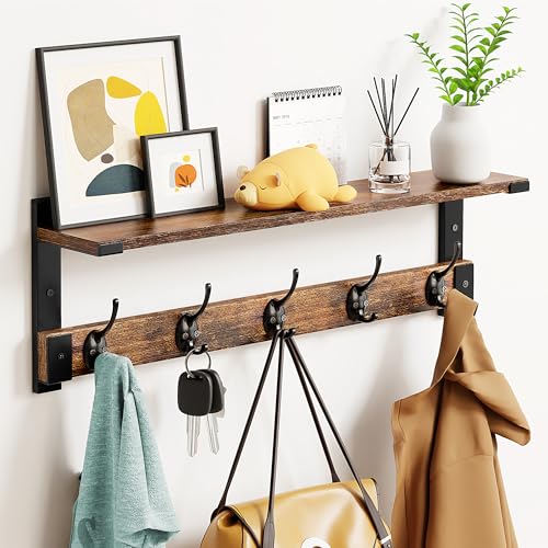 Oraich Coat Rack Wall Mount with Hooks and Shelf for Coat, Backpack, Key, Clothes Hanger, Wall Floating Shelf for Entryway, Living Room, Bathroom, Bedroom, Kitchen - color: Brown, size: 23.6" - 1 pack