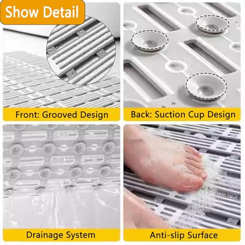 Bath Tub Shower Mat, 31 x 20 Inch, TPE Machine Washable Bathtub Floor Liner Bathroom Non-Slip Mats, Suction Cups and Drain Holes, Easy to Cut