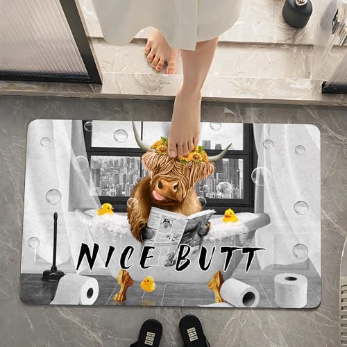 SolAzul Highland Cow Leather Diatomaceous Earth Bath Mat,Super Absorbent Diatomite Stone Bath Mat Non Slip Quick Dry Thin Bathroom Floor Mat Rug (16×24 Inch) (COW-04) - color: Cow-04