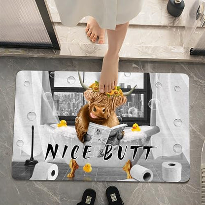 SolAzul Highland Cow Leather Diatomaceous Earth Bath Mat,Super Absorbent Diatomite Stone Bath Mat Non Slip Quick Dry Thin Bathroom Floor Mat Rug (16×24 Inch) (COW-04) - color: Cow-04