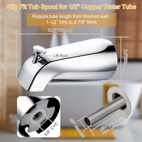 Diverter Tub Spout Compatible with Kohler GP85556-CP (Polished Chrome) | Slip On Bathroom Bathtub Faucet Replacement for 1/2"Copper Water Tube, Metal Cover Ring and Foam Gasket Included - color: Polished Chrome